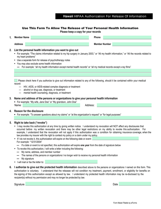 Hawaii HIPAA Authorization For Release Of Information screenshot