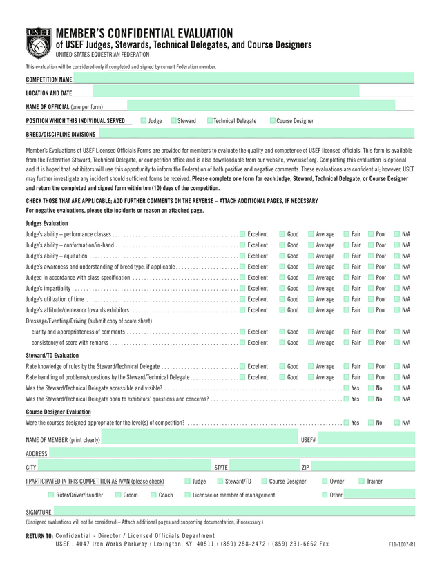 MemberS Confidential Evaluation Of USEF Judges, Stewards, Technical Delegates, And Course Designers screenshot