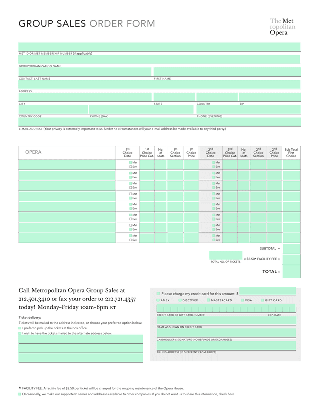 Metropolitan Opera Group Sales Order Form screenshot
