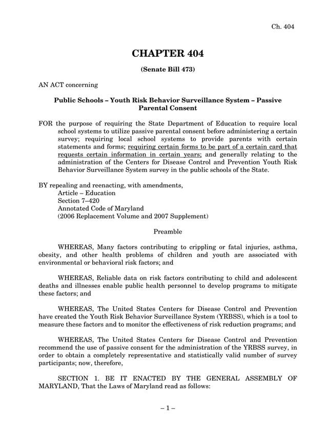 Chapter 404   Youth Risk Behavior Surveillance System   Passive Parental Consent Act screenshot