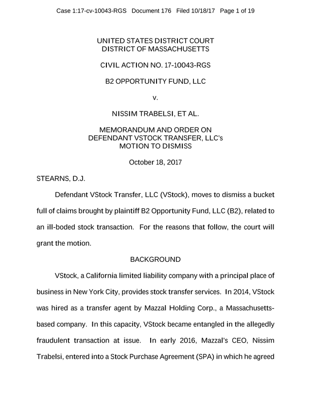Memorandum And Order On Defendant VStock Transfer, LLCS Motion To Dismiss screenshot