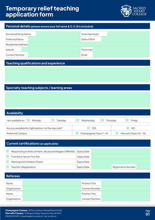 Temporary Relief Teaching Application Form screenshot