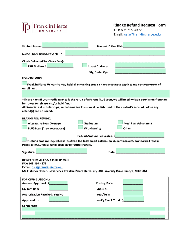 Rindge Refund Request Form screenshot
