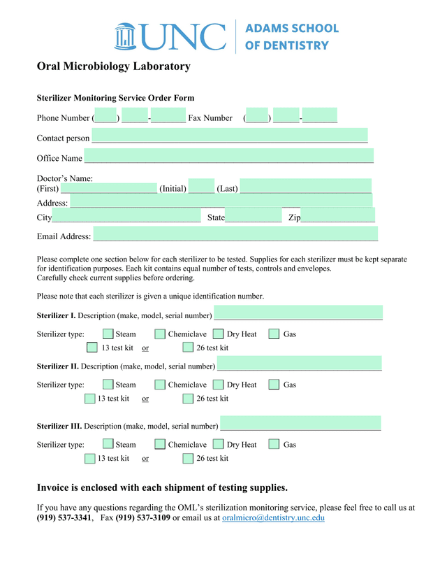 Sterilizer Monitoring Service Order Form screenshot