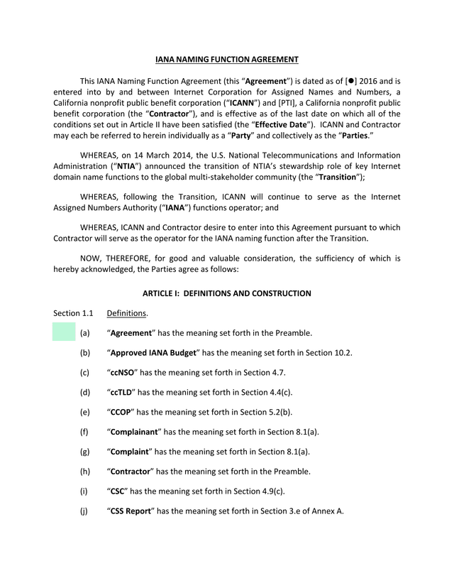 IANA Naming Function Agreement screenshot