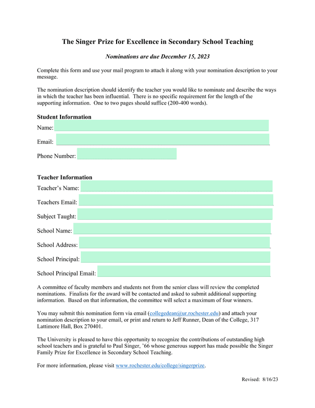 The Singer Prize For Excellence In Secondary School Teaching screenshot