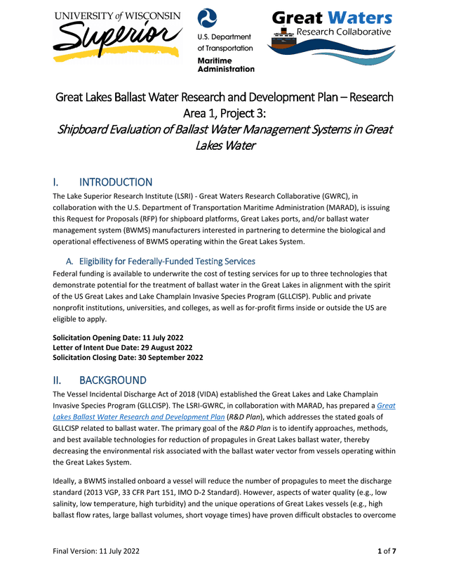 Great Lakes Ballast Water Research And Development Plan  Research Area 1, Project 3 screenshot