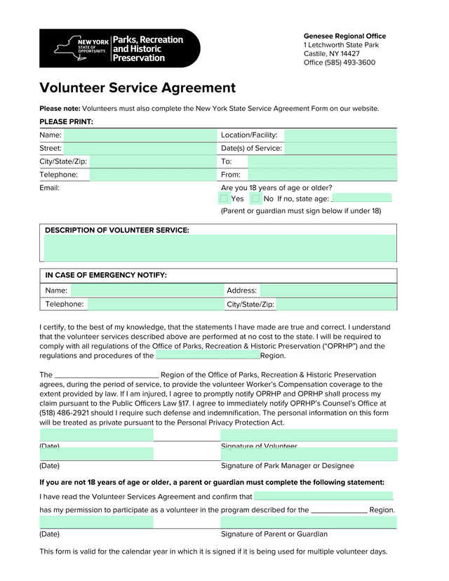Volunteer Service Agreement screenshot