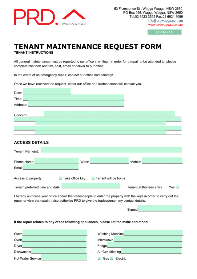 FORM 24A TENANT MAINTENANCE REQUEST FORM screenshot