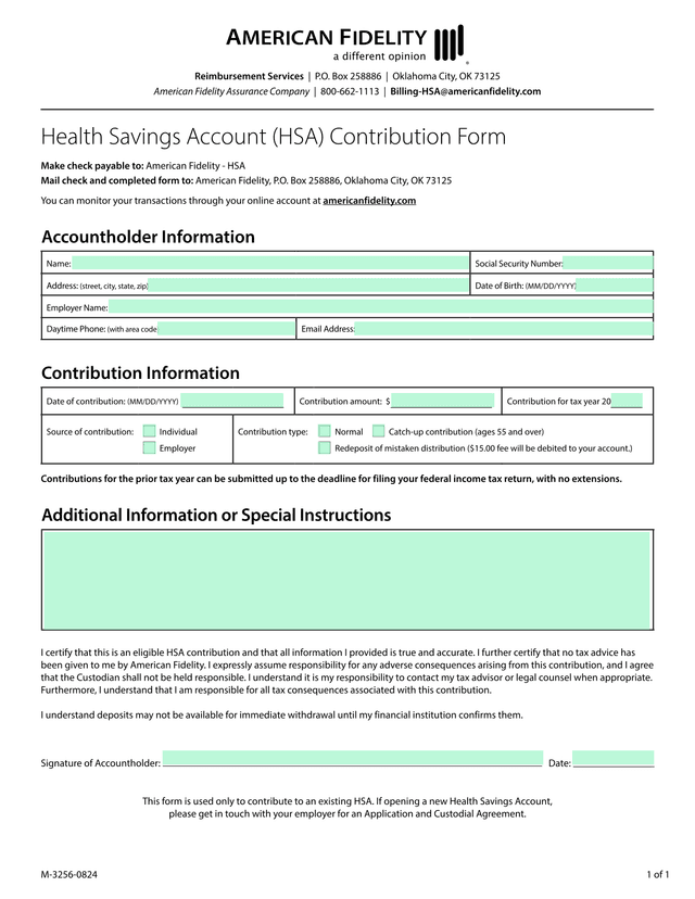 Health Savings Account (HSA) Contribution Form screenshot