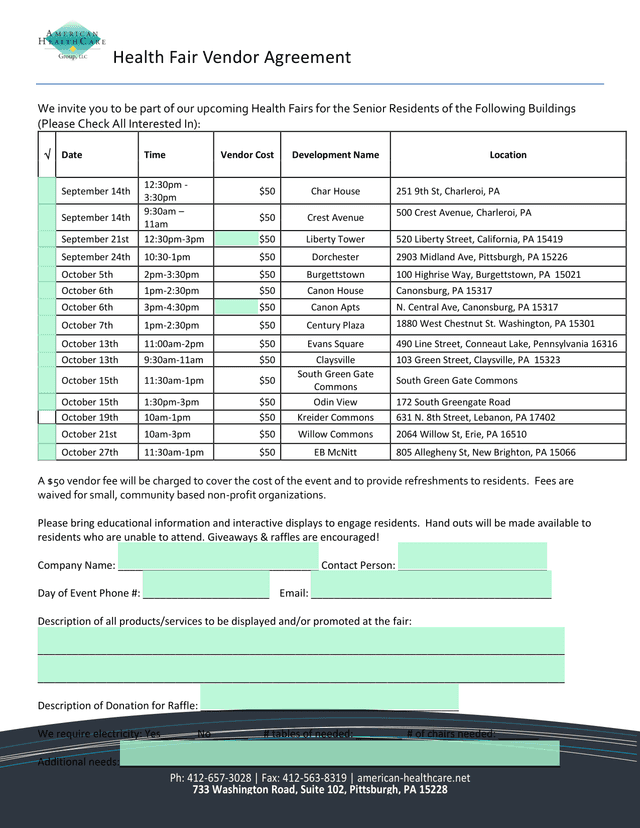 Health Fair Vendor Agreement screenshot