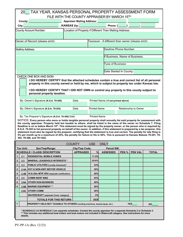 PV PP 1A Kansas Personal Property Assessment Form screenshot