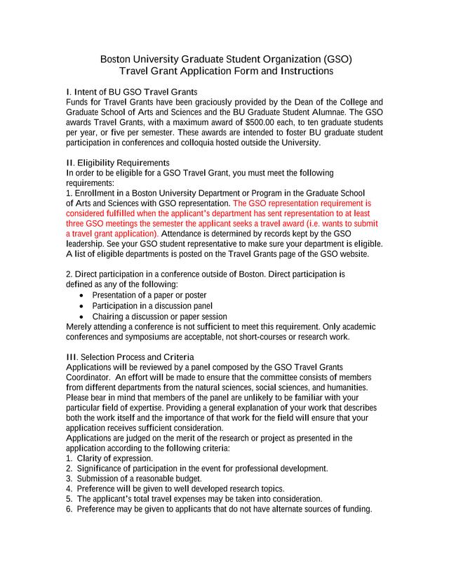 Boston University Graduate Student Organization (GSO) Travel Grant Application Form And Instructions screenshot