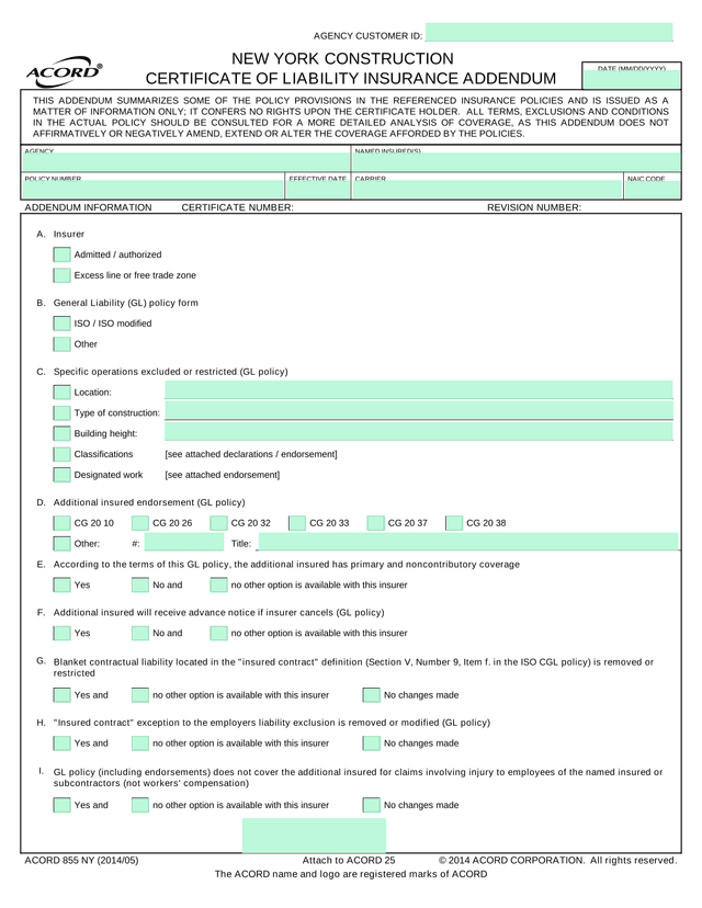 ACORD 855 NY Construction Certificate Addendum screenshot