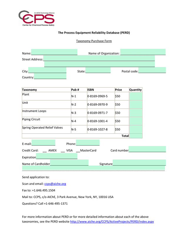 The Process Equipment Reliability Database (PERD) Taxonomy Purchase Form screenshot