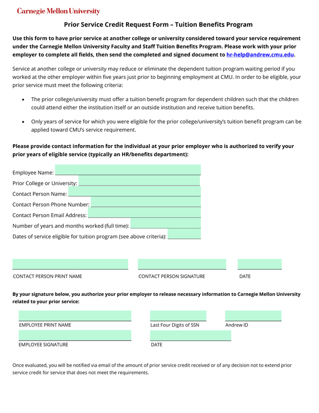 Prior Service Credit Request Form  Tuition Benefits Program screenshot