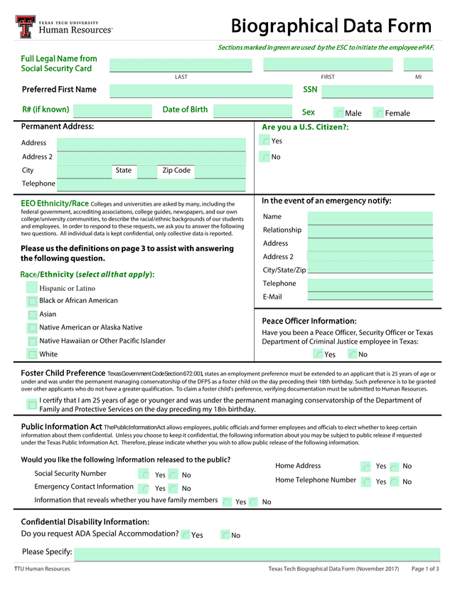 Texas Tech Biographical Data Form screenshot