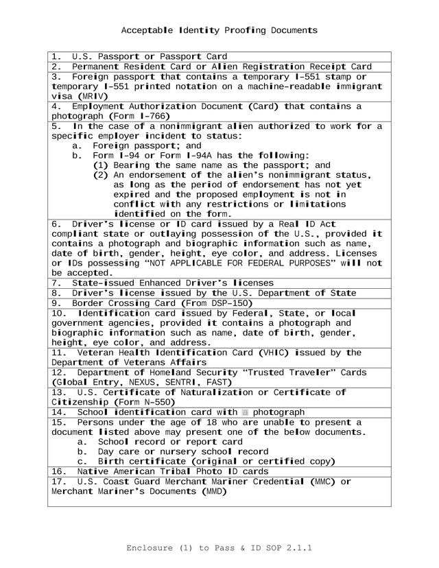 Acceptable Identity Proofing Documents screenshot