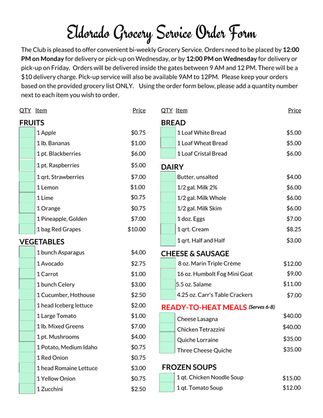 Eldorado Grocery Service Order Form screenshot