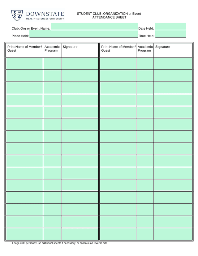 STUDENT CLUB, ORGANIZATION Or Event ATTENDANCE SHEET screenshot