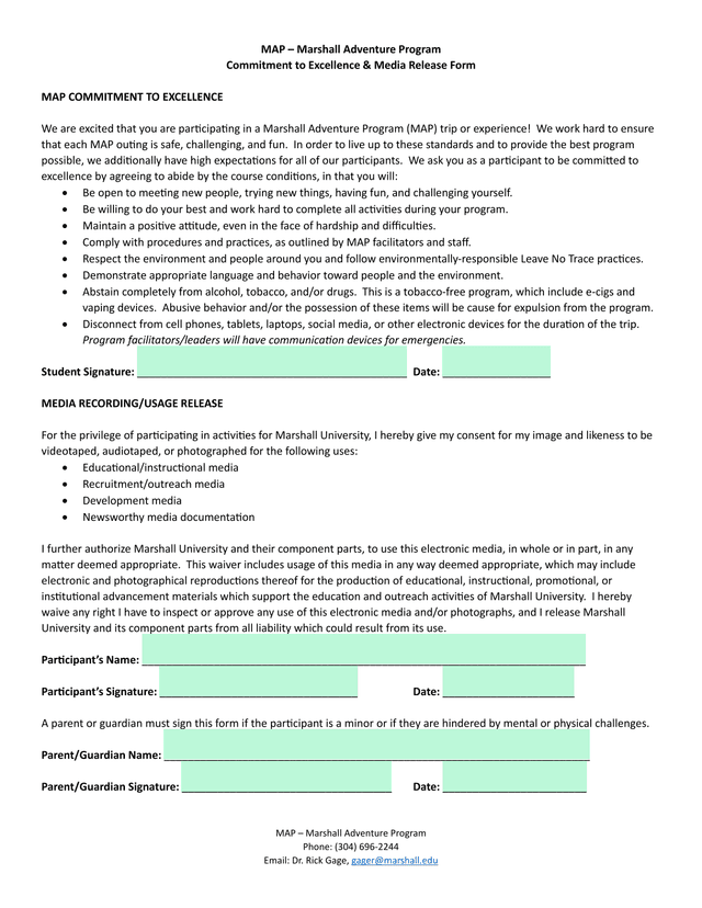 MAP  Marshall Adventure Program Commitment To Excellence  Media Release Form screenshot