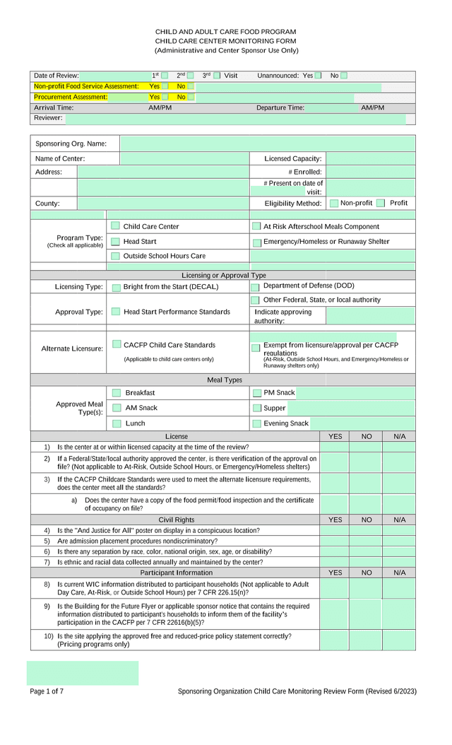 Child And Adult Care Food Program Child Care Center Monitoring Form screenshot