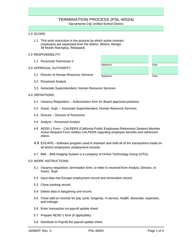 TERMINATION PROCESS (PSL W024) screenshot