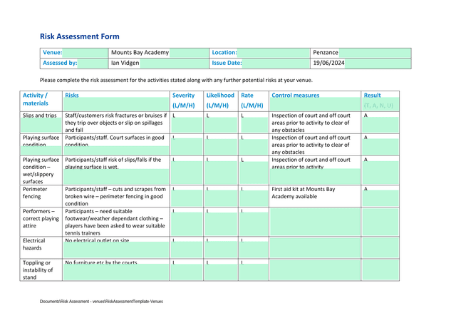 Risk Assessment Form screenshot