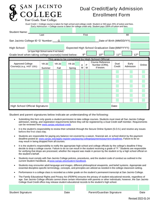 Dual CreditEarly Admission Enrollment Form screenshot