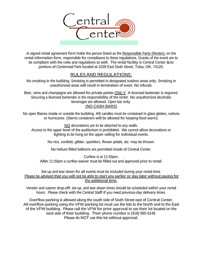 Central Center Rental Agreement Rules And Regulations screenshot