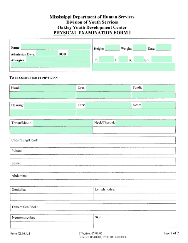 Physical Examination Form I screenshot