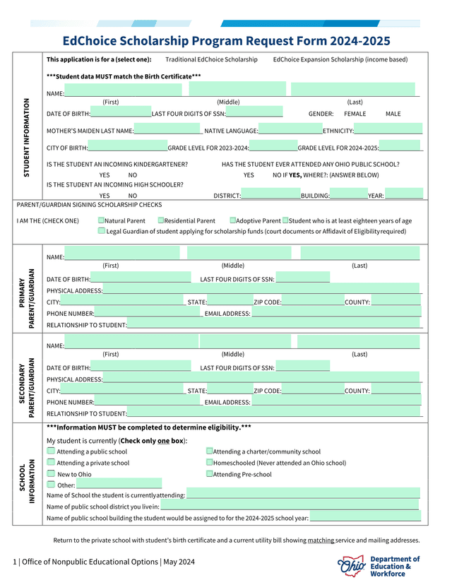 EdChoice Scholarship Program Request Form 2024 2025 screenshot