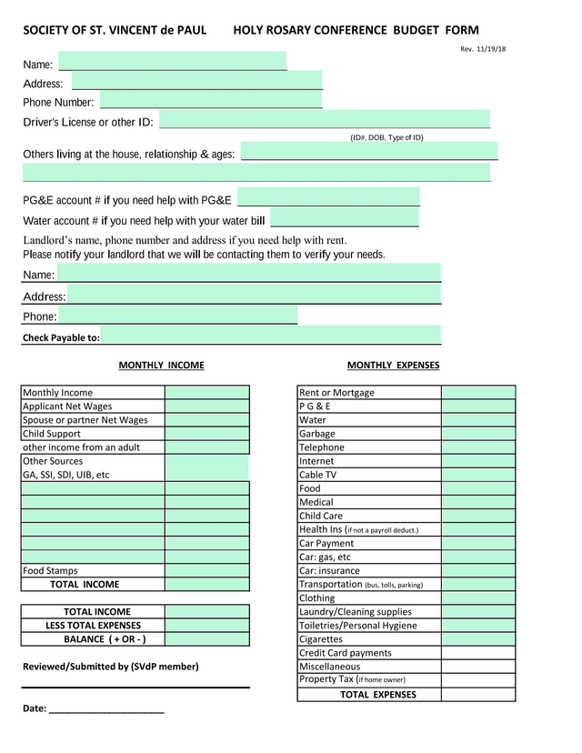 SOCIETY OF ST. VINCENT De PAUL HOLY ROSARY CONFERENCE BUDGET FORM screenshot