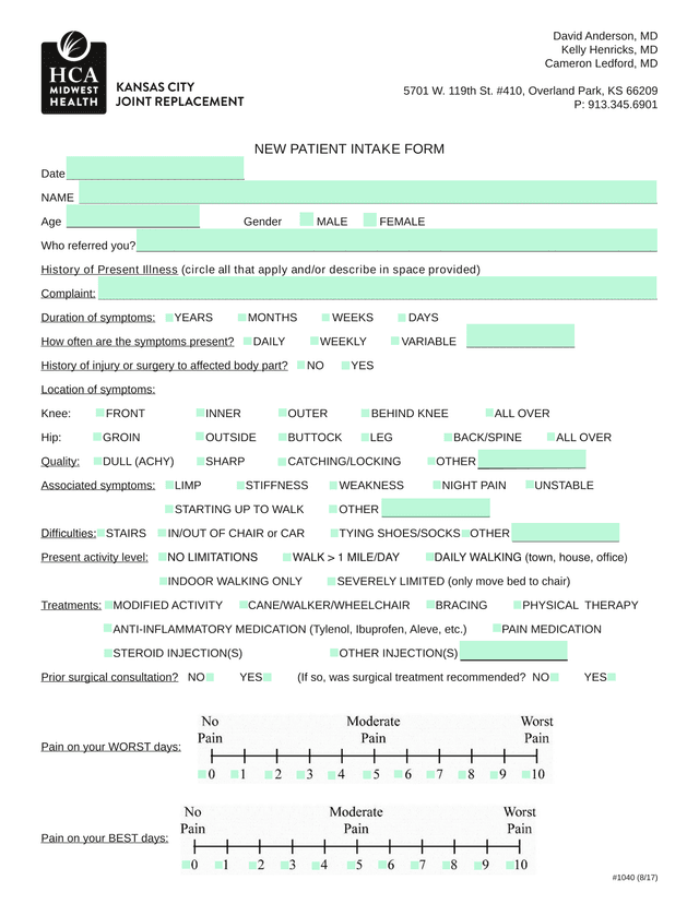 NEW PATIENT INTAKE FORM screenshot