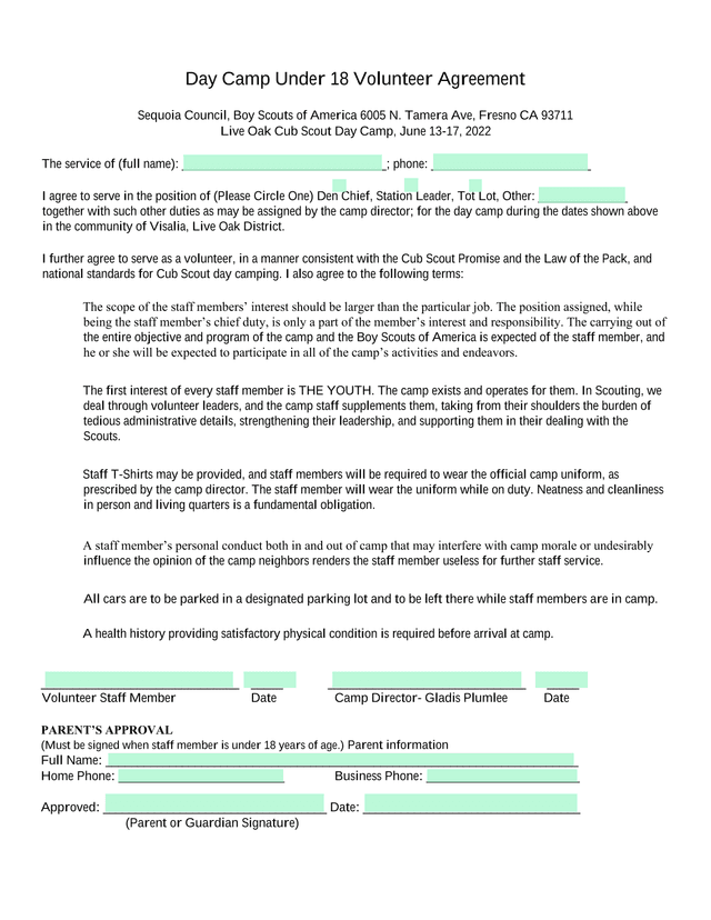 Day Camp Under 18 Volunteer Agreement screenshot