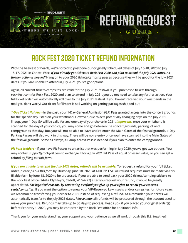 Rock Fest 2020 Refund Request Guide screenshot