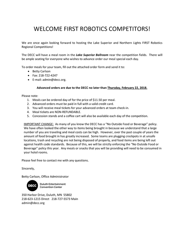 FIRST Robotics Regional Competitions Meal Order Information screenshot