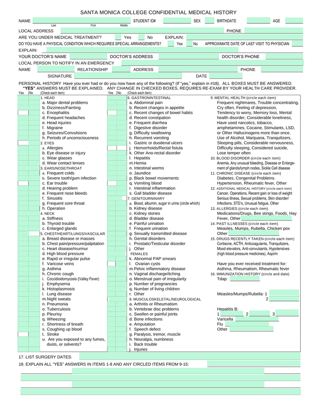 Santa Monica College Confidential Medical History screenshot