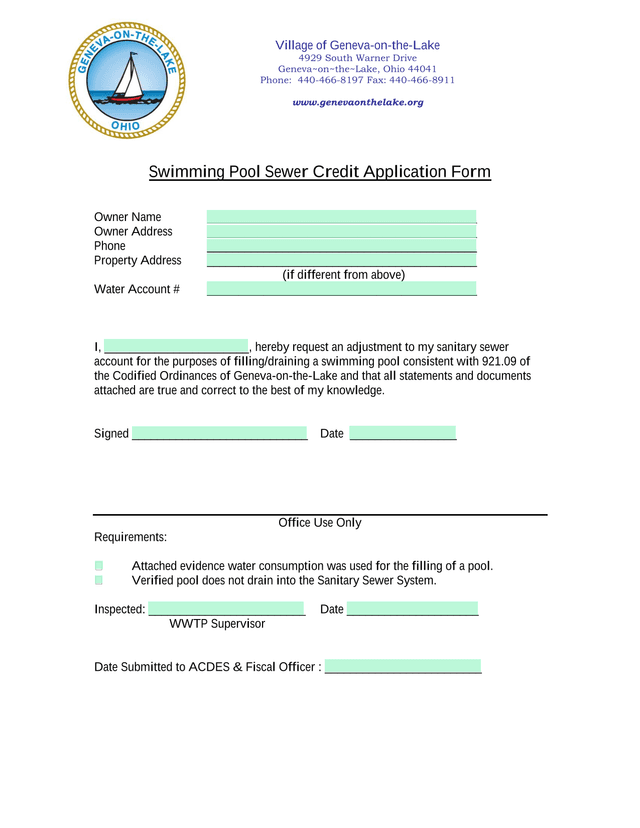 Swimming Pool Sewer Credit Application Form screenshot