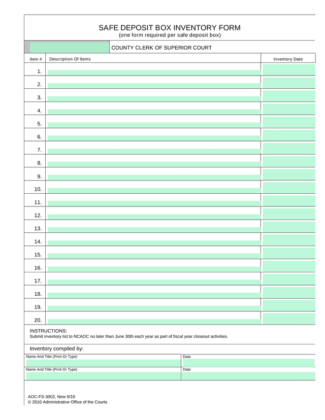 SAFE DEPOSIT BOX INVENTORY FORM screenshot