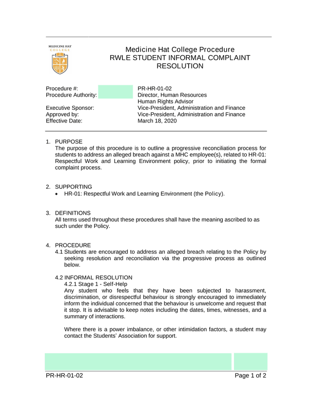 RWLE Student Informal Complaint Resolution screenshot