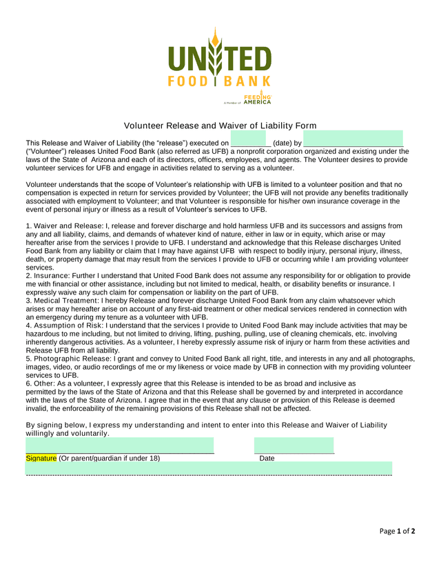 Volunteer Release And Waiver Of Liability Form screenshot