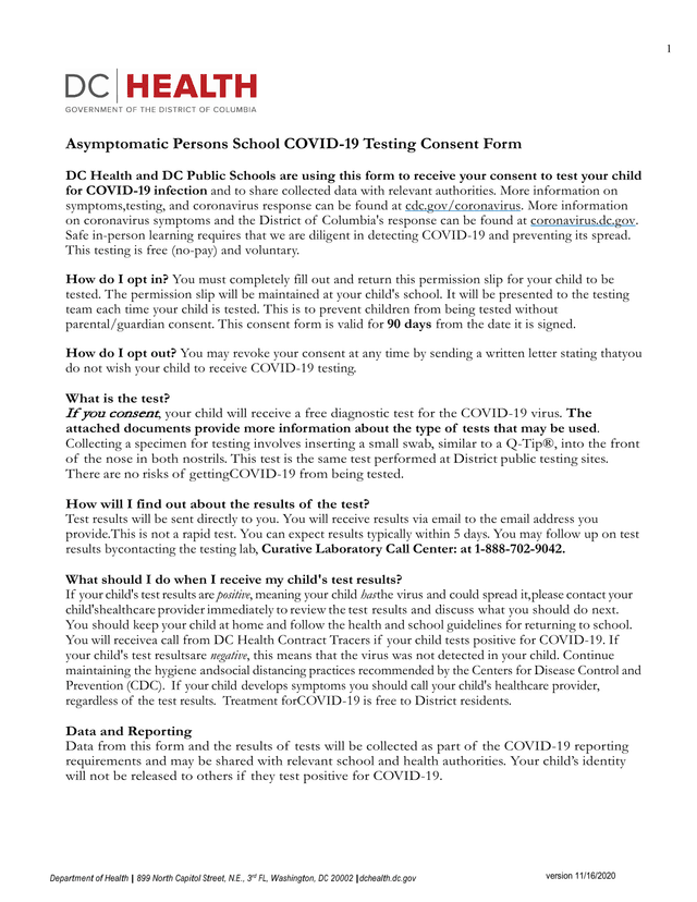 Asymptomatic Persons School COVID 19 Testing Consent Form screenshot