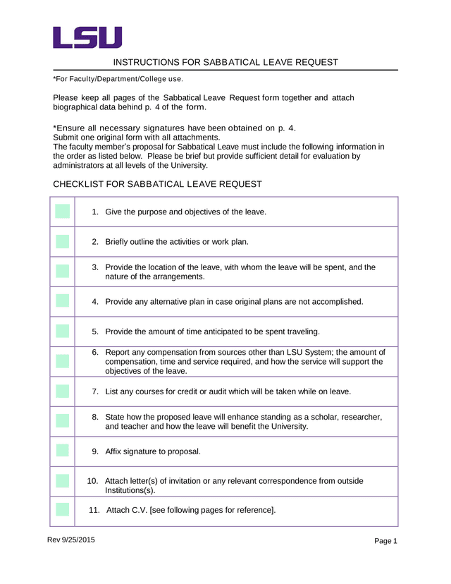 INSTRUCTIONS FOR SABBATICAL LEAVE REQUEST screenshot