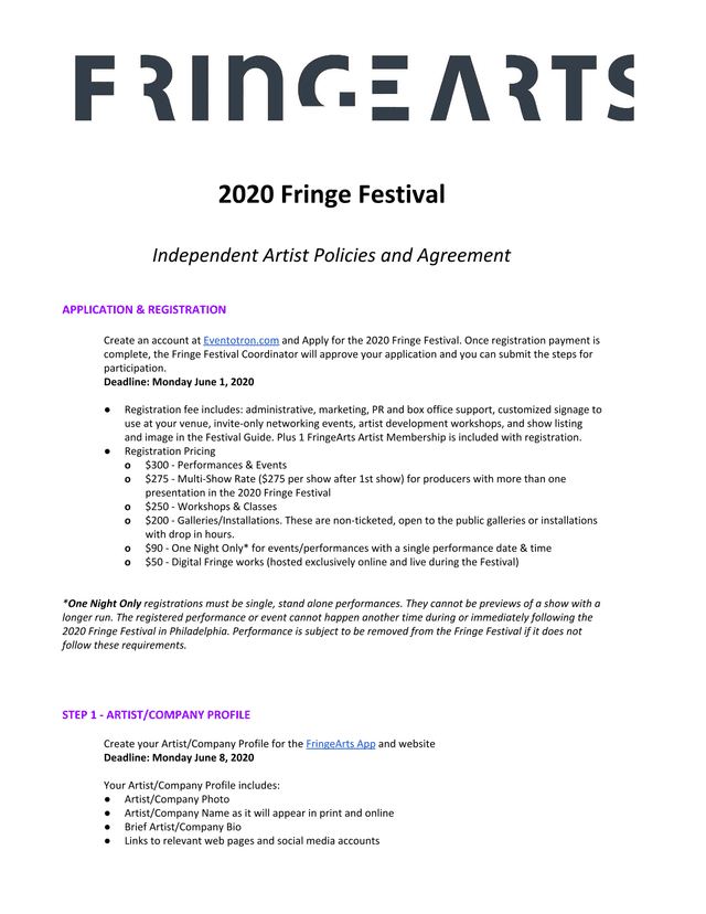 2020 Fringe Festival Independent Artist Policies And Agreement screenshot