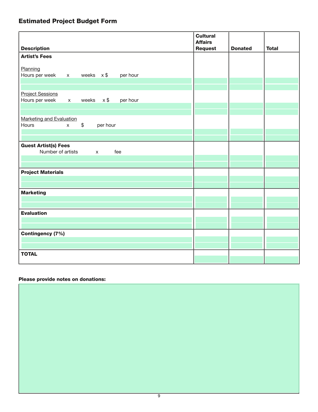 Estimated Project Budget Form screenshot