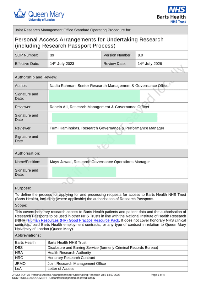 JRMO SOP 39 Personal Access Arrangements For Undertaking Research screenshot