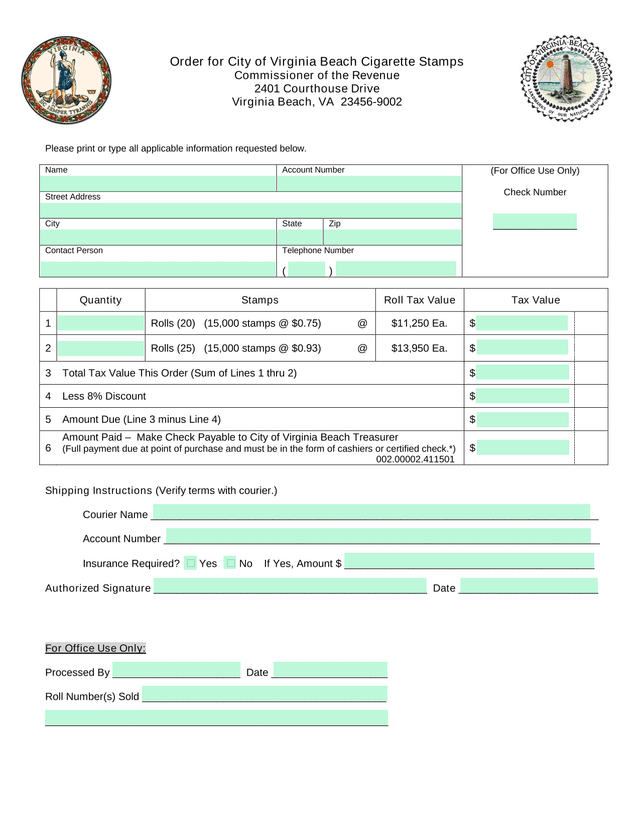 Order For City Of Virginia Beach Cigarette Stamps screenshot