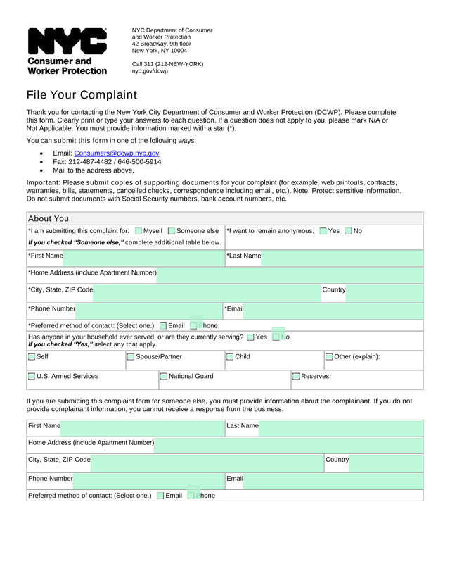 NYC Department Of Consumer And Worker Protection Complaint Form screenshot