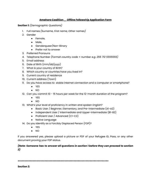 Amahoro Coalition   Offline Fellowship Application Form screenshot